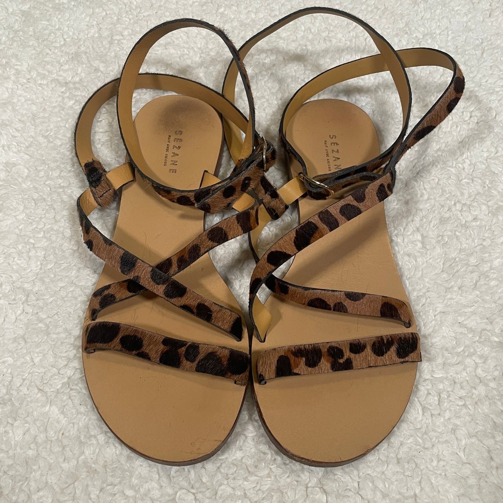 Sezane Leopard Print Sandals Calf Hair Leather Ankle Strap Flat Tan Size 37 US 6